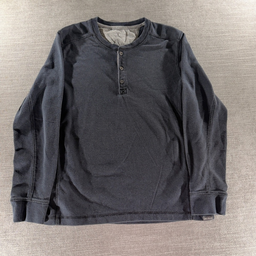 Eddie Bauer Henley Shirt Mens Large Gray Excellent Waffle Knit Long Sleeve
